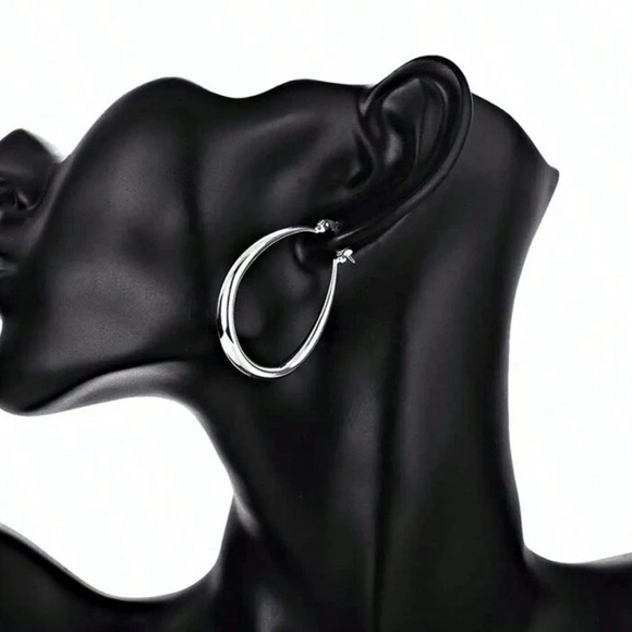 SILVER plated 925 41 mm Drop Shape Hoop Earrings - Picture 3 of 5